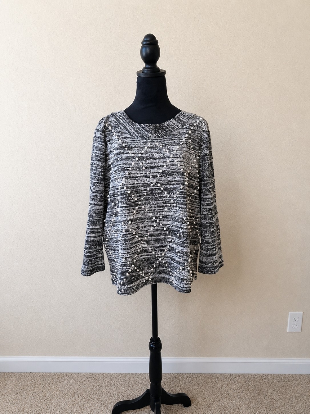 KARL LAGERFELD Pearl Embellished Tweed Knit Sweater Top XL